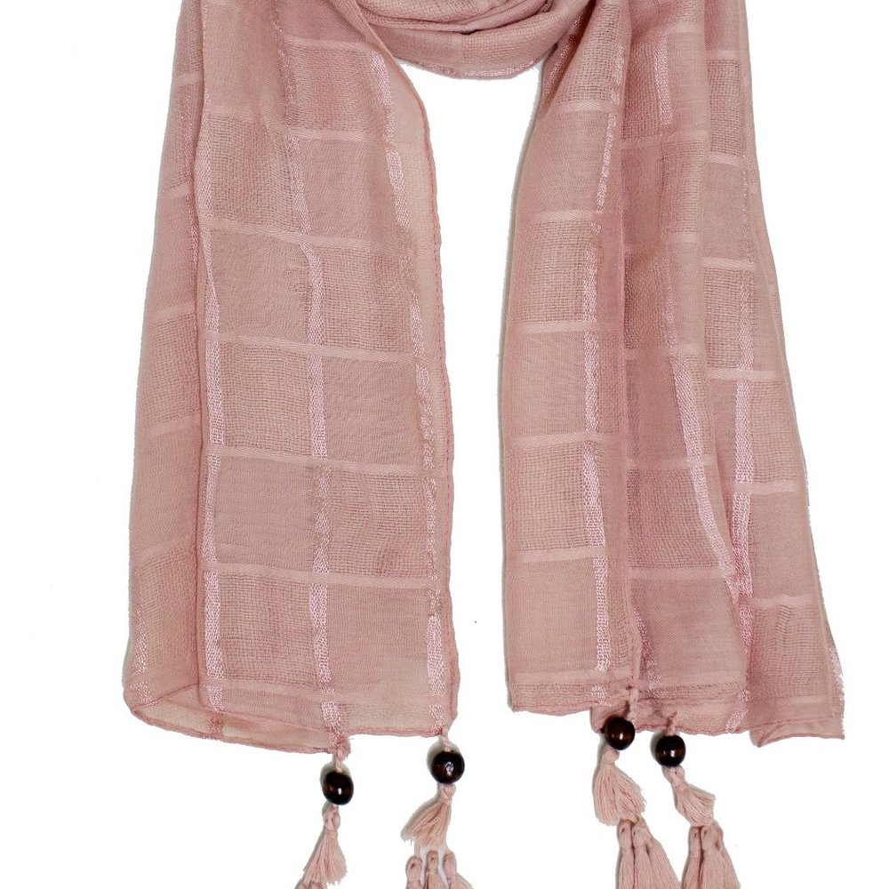 Dusty Pink Plaid Wood Bead Tassel Soft Wrap Scarf